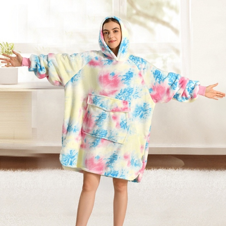 Custom OEM Flannel Sherpa  Printed TV Blanket Hoodie allover printing Wearable Blanket oversized Printed Hoodie Blanket