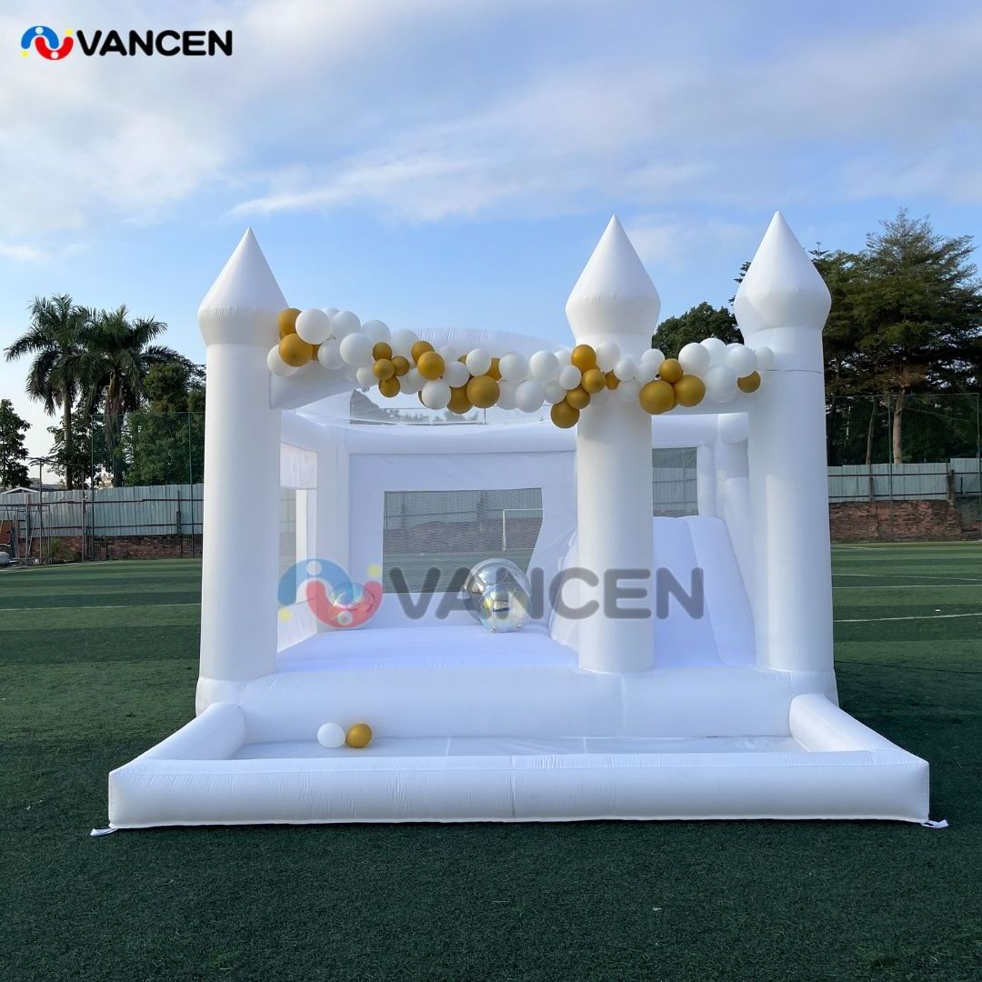 White Wedding Bouncy Castle Kids Adults Jumping Inflatable White Bounce House with Ball Pit and Slide Combo for Party Birthday