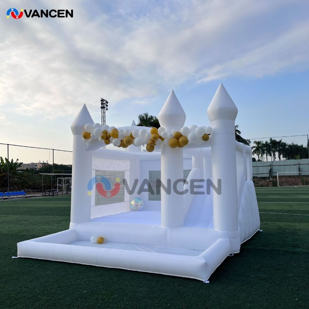 White Wedding Bouncy Castle Kids Adults Jumping Inflatable White Bounce House with Ball Pit and Slide Combo for Party Birthday