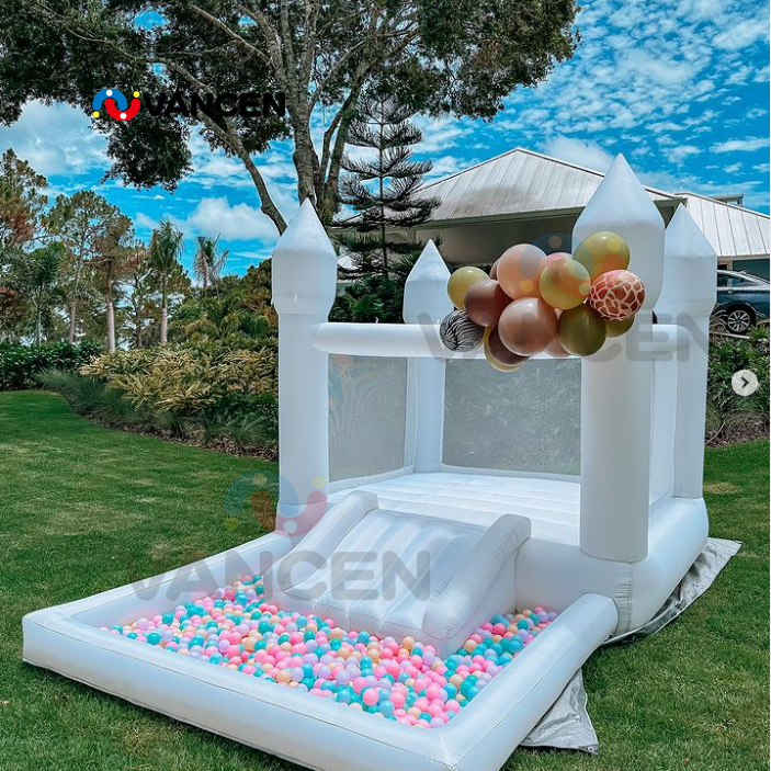 8x13x8ft Kids White Bounce House Inflatable  with slide and ball pit with Oxford Fabric toddler Bounce house for Kids Soft play