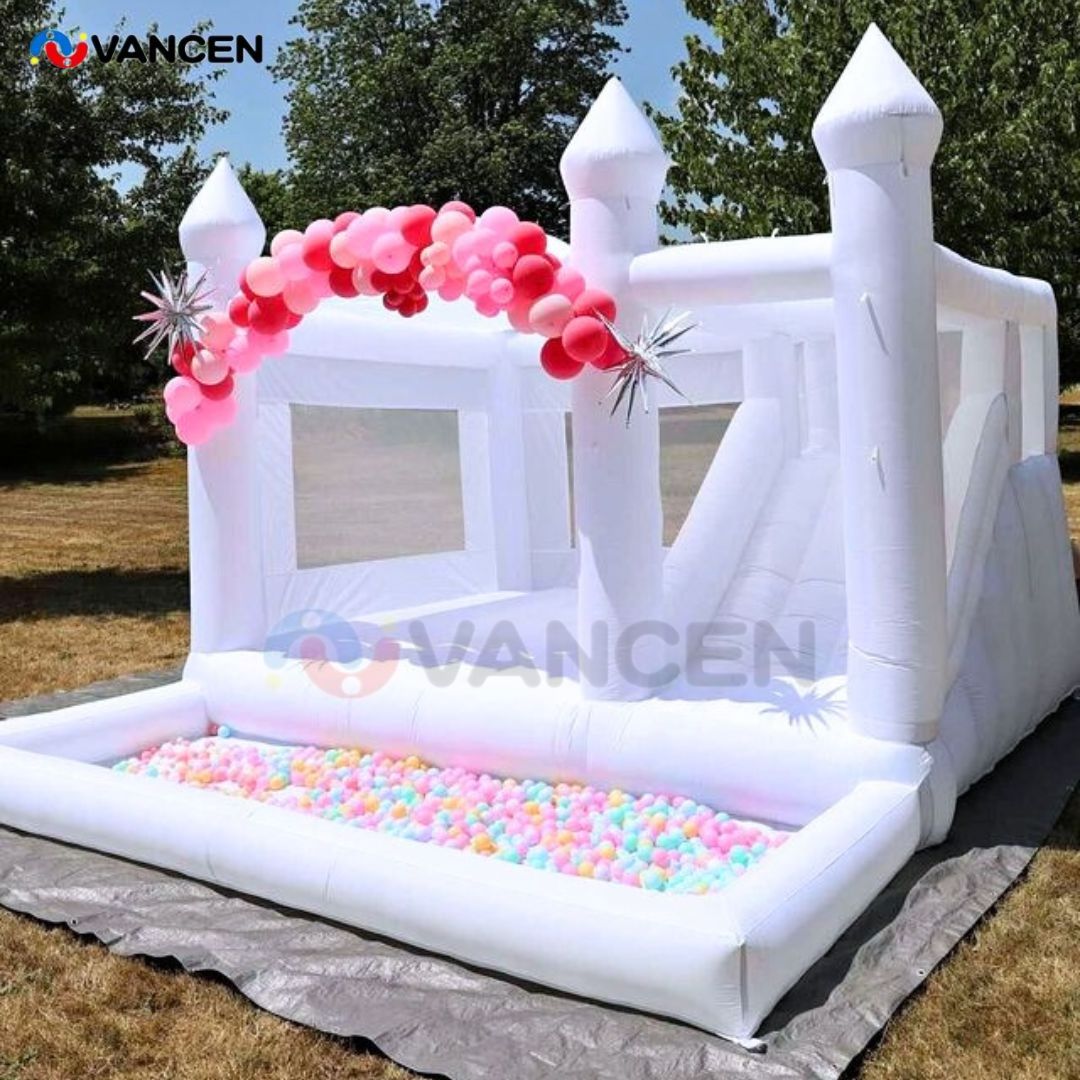 White Wedding Bouncy Castle Kids Adults Jumping Inflatable White Bounce House with Ball Pit and Slide Combo for Party Birthday