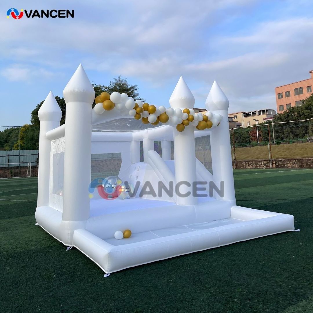 White Wedding Bouncy Castle Kids Adults Jumping Inflatable White Bounce House with Ball Pit and Slide Combo for Party Birthday