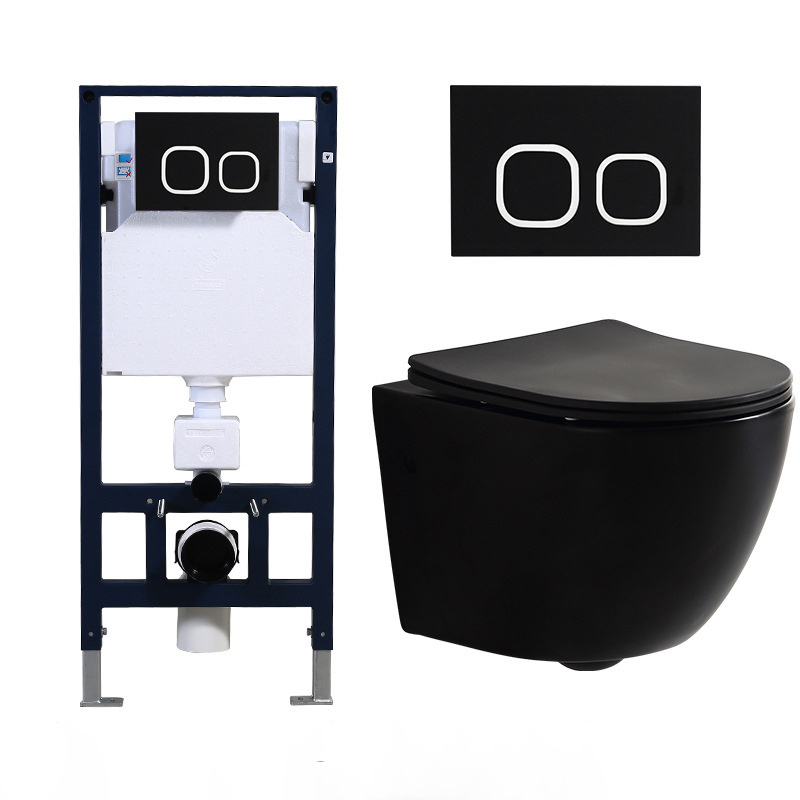 Wc Water Closet Ceramic matte black Wall Hung Mounting Bowl Toilet With Concealed Cistern Hidden Concealed Flush Water Tank Set