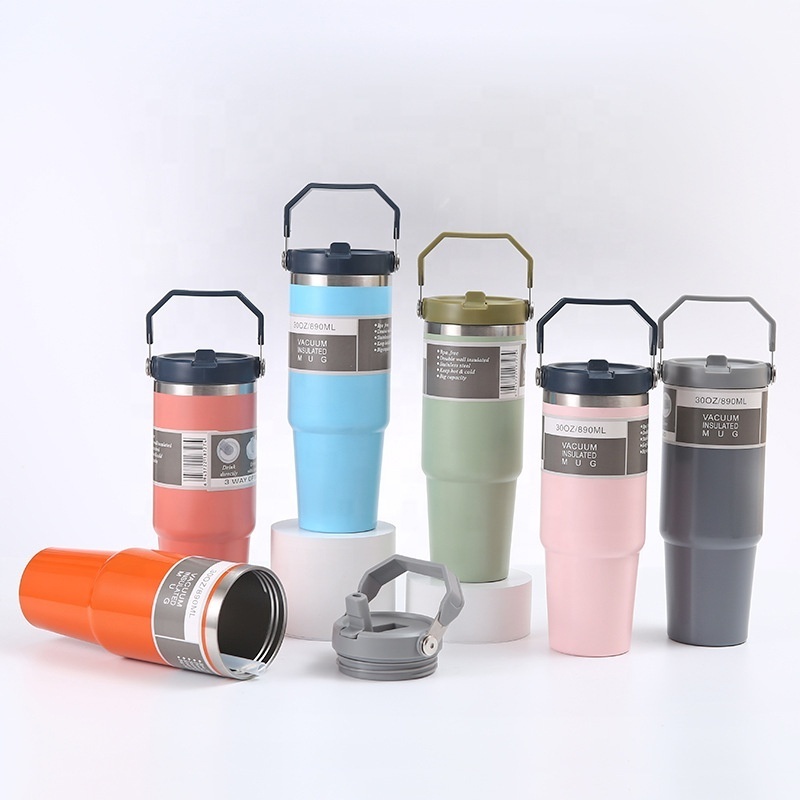 Travel Stainless Steel Vacuum 30oz Tumbler with Handle and Straw Lid Wall Vacuum OEM Carry Car Mugs Travel Coffee Mugs