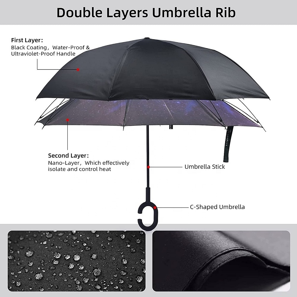 Double Layer Inverted Windproof UV Protection Big Reverse Folding Umbrella for Car Rain Outdoor with C-Shaped Handle