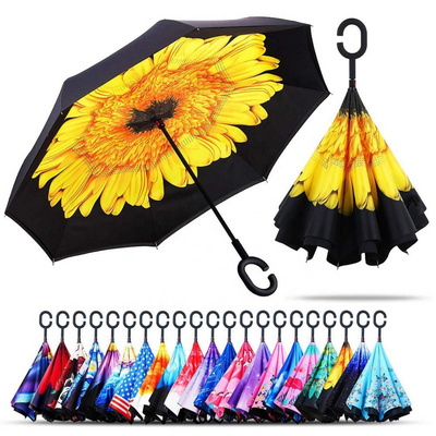 Double Layer Inverted Windproof UV Protection Big Reverse Folding Umbrella for Car Rain Outdoor with C-Shaped Handle