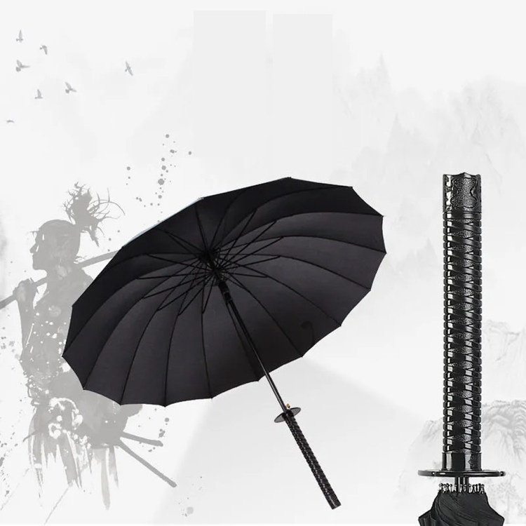 Long Handle Japanese Style Automatic Black Golf Samurai Sword Umbrella With Shoulder Strap