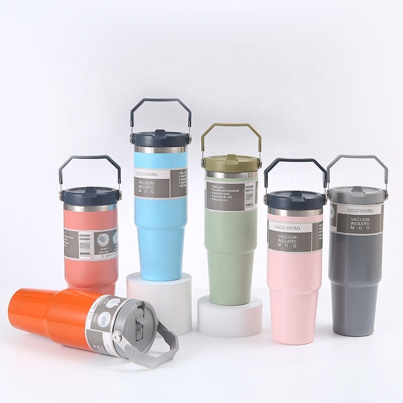 Travel Stainless Steel Vacuum 30oz Tumbler with Handle and Straw Lid Wall Vacuum OEM Carry Car Mugs Travel Coffee Mugs