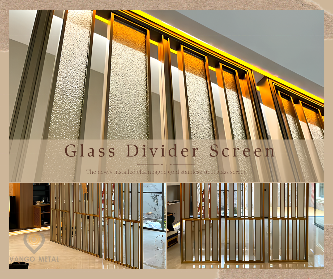 Luxury Hotel Restaurant decoration stainless steel frame gold glass divider partition screen for living room & lobby