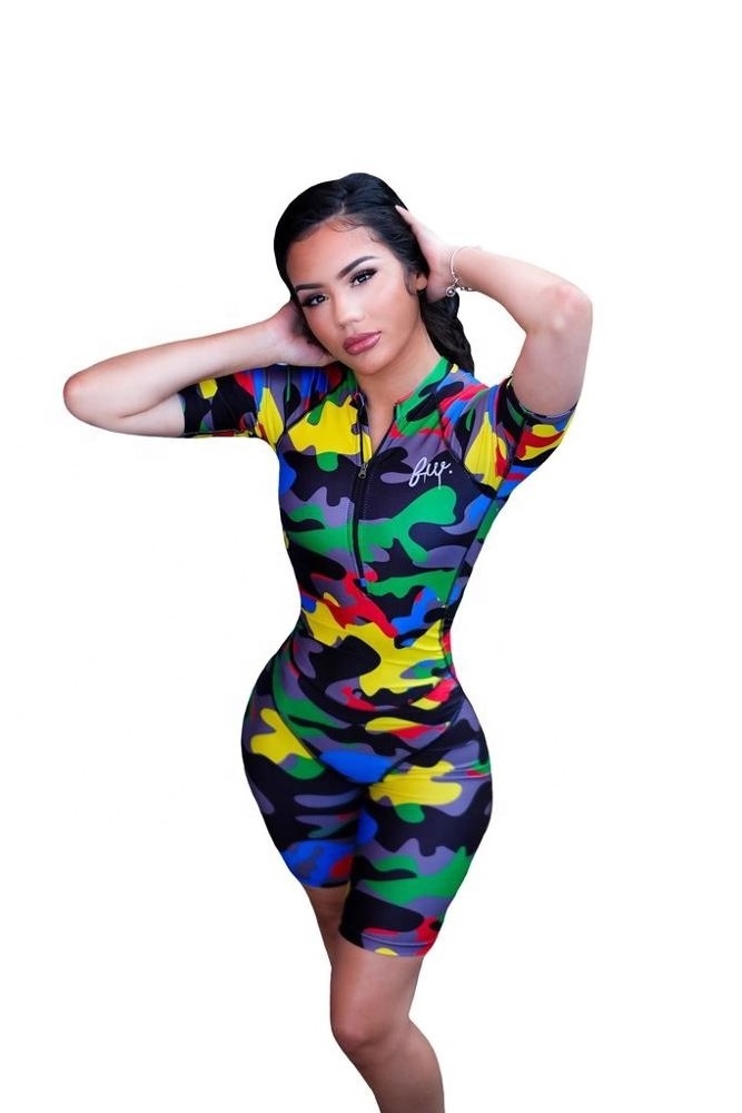 Women's 2024 hot fashion European and American stars tight-fitting camouflage open collar jumpsuit