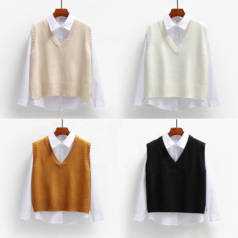 Women Sweater Vest Crocheted Sweater Sleeveless Ladies V-neck Pullover Tops Women Short Loose Spring Autumn