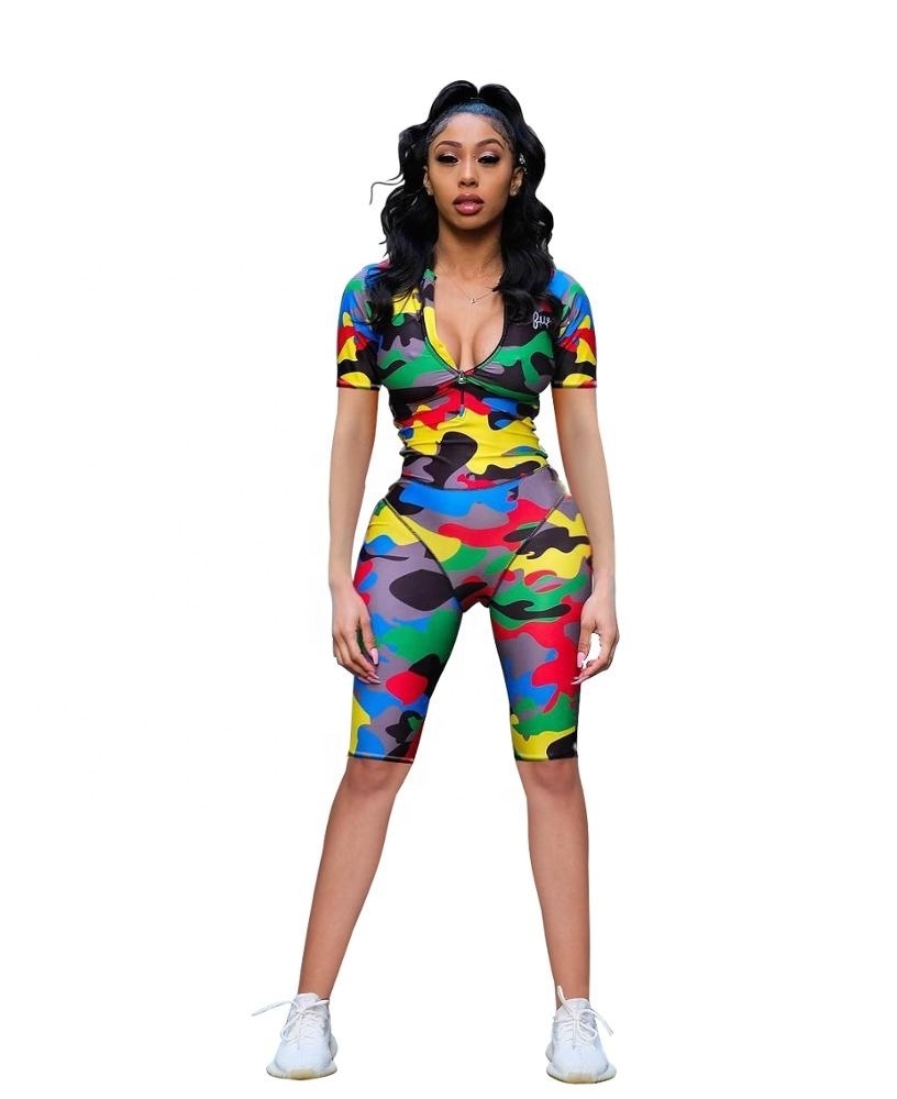 Women's 2024 hot fashion European and American stars tight-fitting camouflage open collar jumpsuit