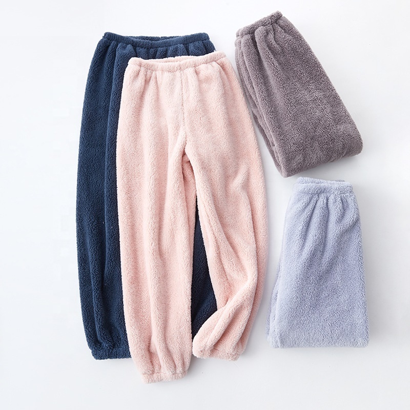 Plush Pajama Pants for Women Cozy Fuzzy Elastic Waist Warm Fleece Solid Lounge Trouser Color Block Cuff Bottoms