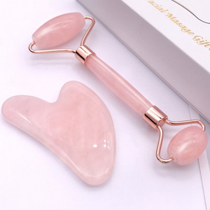 High Quality 100% Natural Beauty Massage  Face Facial Jade Stone Double Rose Quartz Jade Roller Gua Sha Set