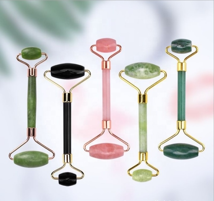 High Quality 100% Natural Beauty Massage  Face Facial Jade Stone Double Rose Quartz Jade Roller Gua Sha Set