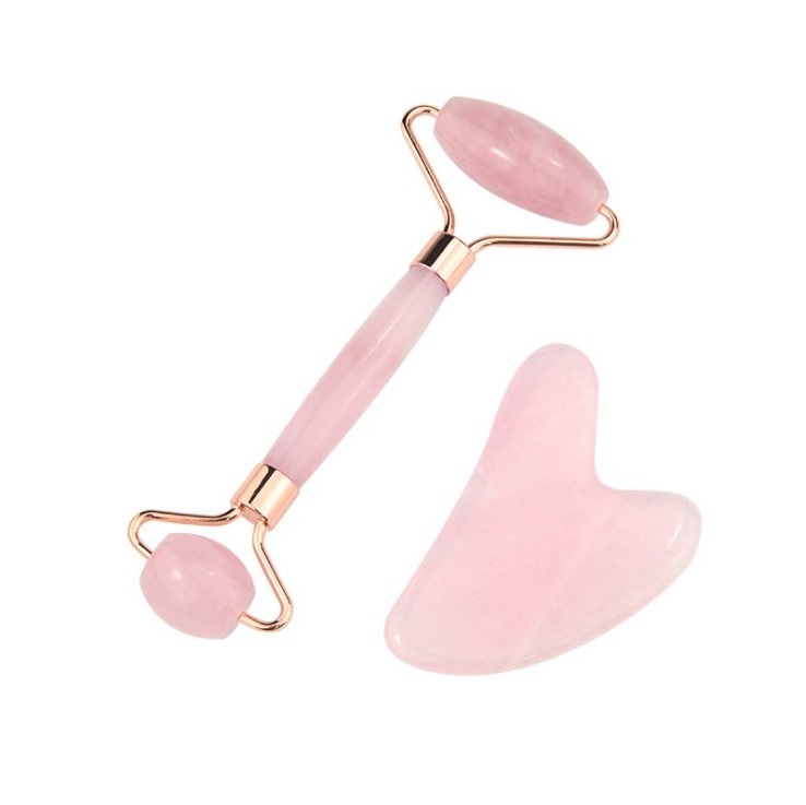 High Quality 100% Natural Beauty Massage  Face Facial Jade Stone Double Rose Quartz Jade Roller Gua Sha Set