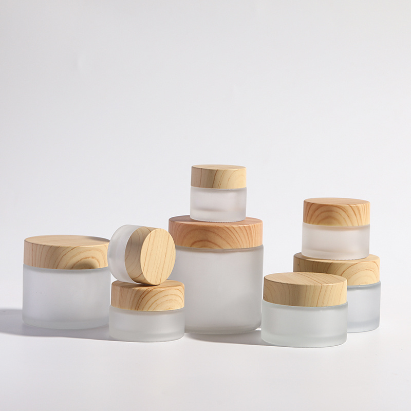 Luxury Frosted Cosmetics Packaging Containers Glass Cream Cosmetic Jar 5g 15g 30g 50g 100g with Wooden Bamboo Lid