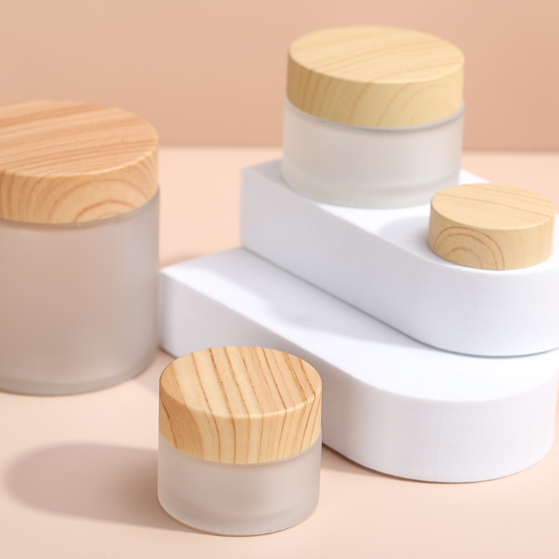 Luxury Frosted Cosmetics Packaging Containers Glass Cream Cosmetic Jar 5g 15g 30g 50g 100g with Wooden Bamboo Lid