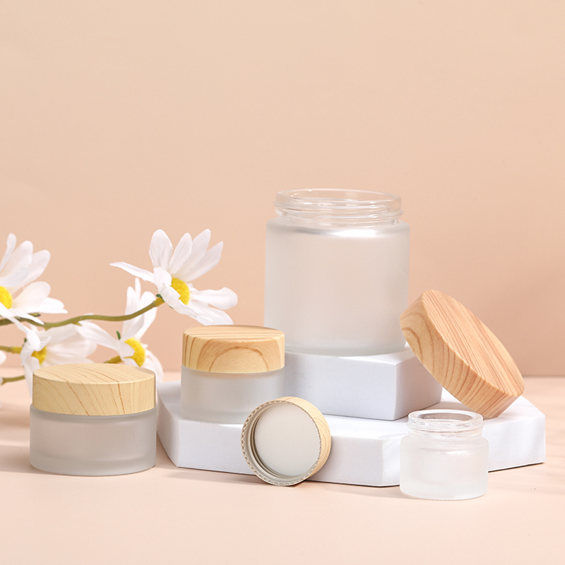 Luxury Frosted Cosmetics Packaging Containers Glass Cream Cosmetic Jar 5g 15g 30g 50g 100g with Wooden Bamboo Lid