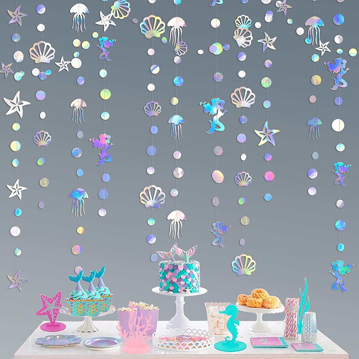 52Ft Mermaid Garland with Jellyfish Seashell Starfish Pearl Holographic Paper Streamer for Little Mermaid Rainbow Party Supplies