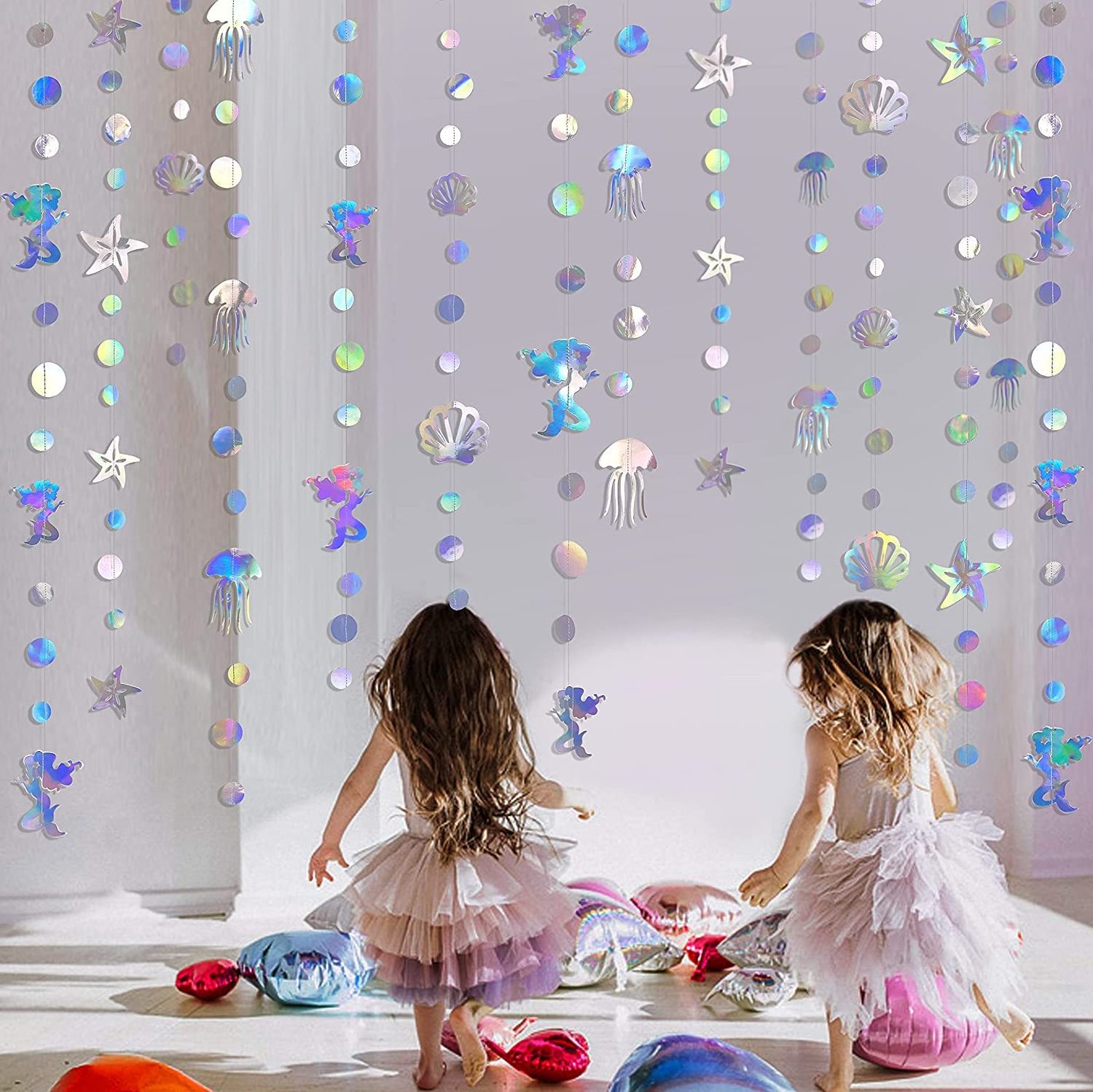 52Ft Mermaid Garland with Jellyfish Seashell Starfish Pearl Holographic Paper Streamer for Little Mermaid Rainbow Party Supplies