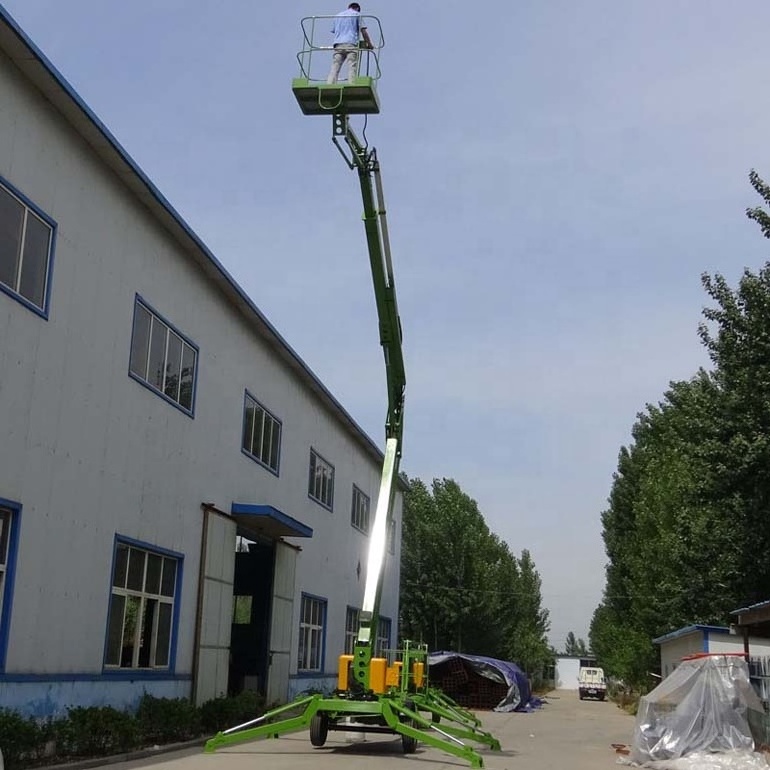 12m lifting height 200kg tow behind cherry picker for sale engine power boom lift towable boom lift