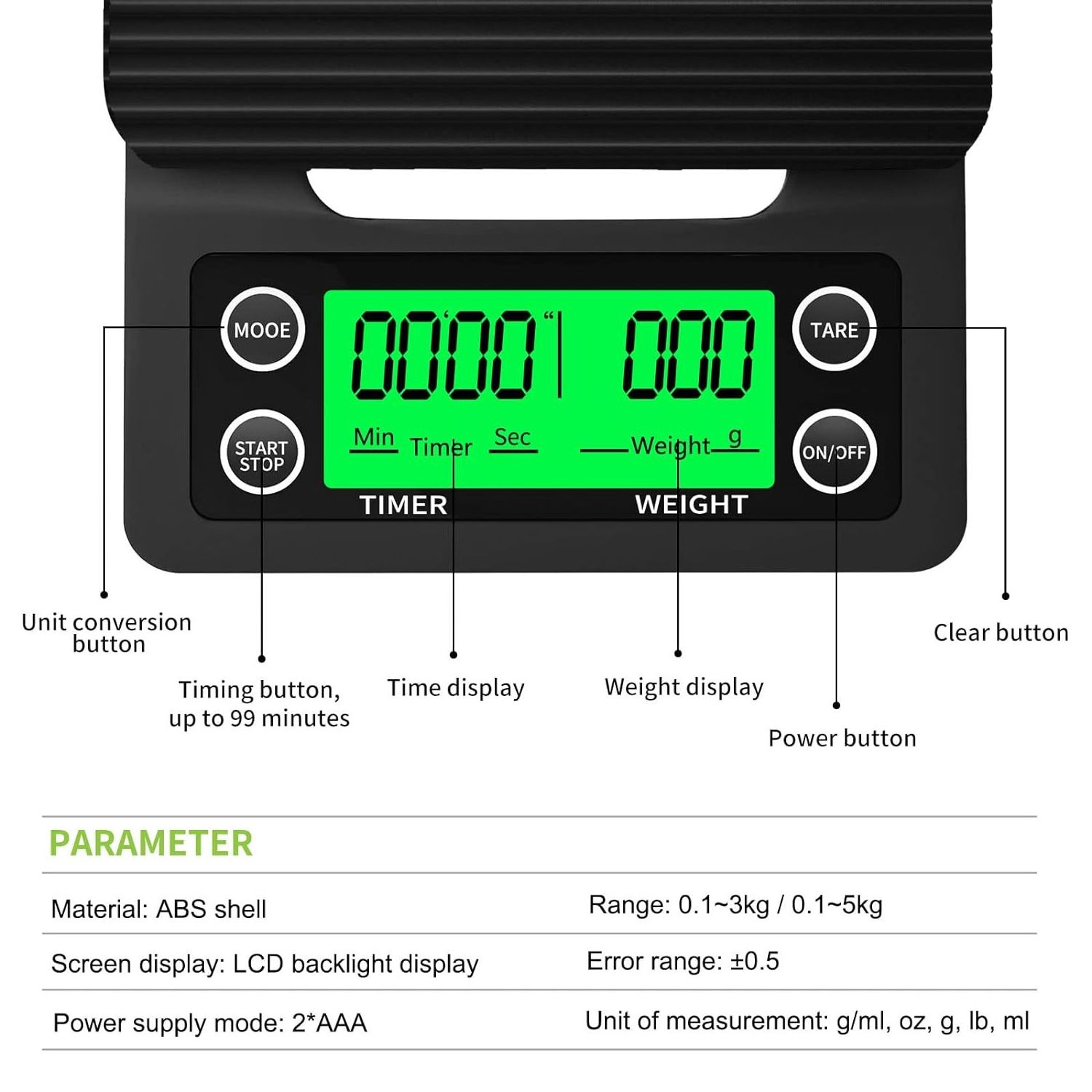 High Accuracy Rechargeable LED Display Kitchen Italian-Style Automatic Waterfall Timer Espresso Coffee Scale with Timer