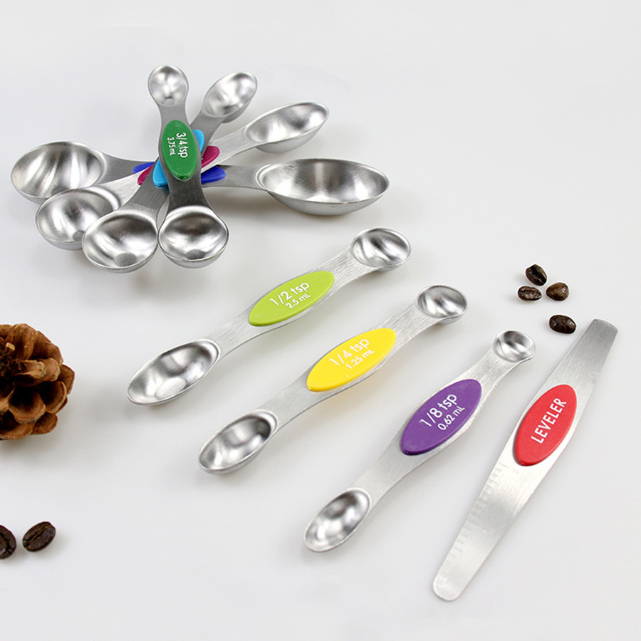 Stainless Steel 1/4 1/2 Gold Teaspoon Stackable Magnetic Measuring Spoons and Cups Set