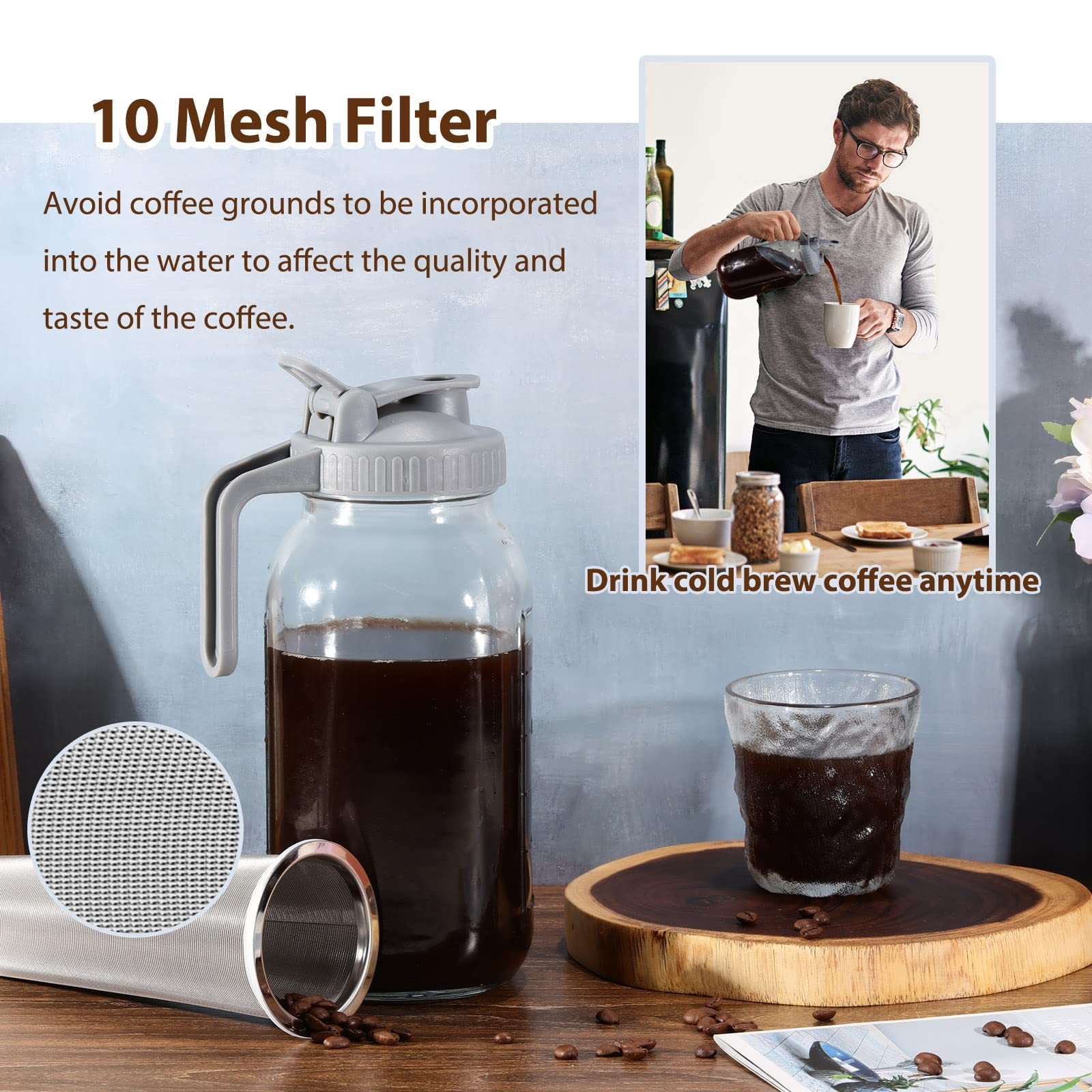 New Arrival Cold Brew Coffee Maker 64oz Iced Coffee Maker Tea Brewer with Easy to Clean Reusable Stainless Steel Mesh Filter