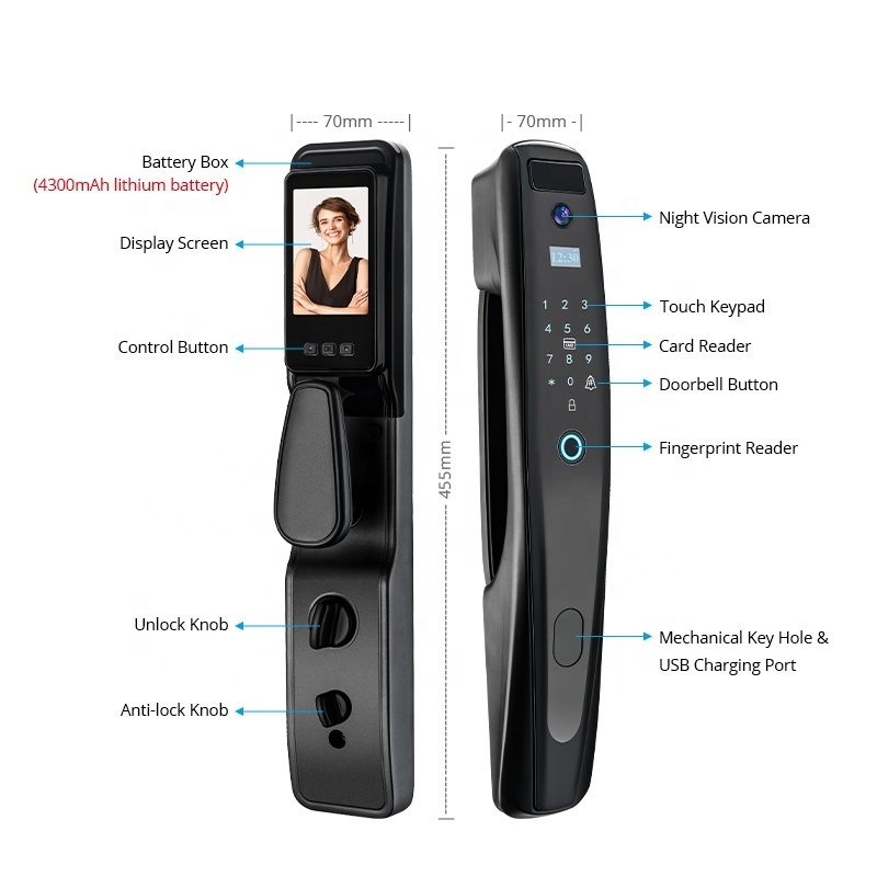 Biometric Fingerprint and Password IC Card Smart Door Lock with TUYA WIFI or TT Lock APP Viewer Vision Digital with Camera