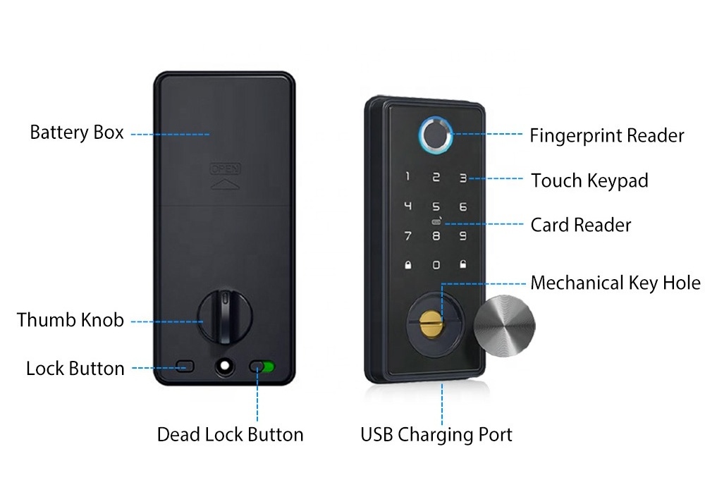 Tuya wifi Built-in Doorbell App, Password, Fingerprint, Card, Wristband or Key verification smart door lock with keypad