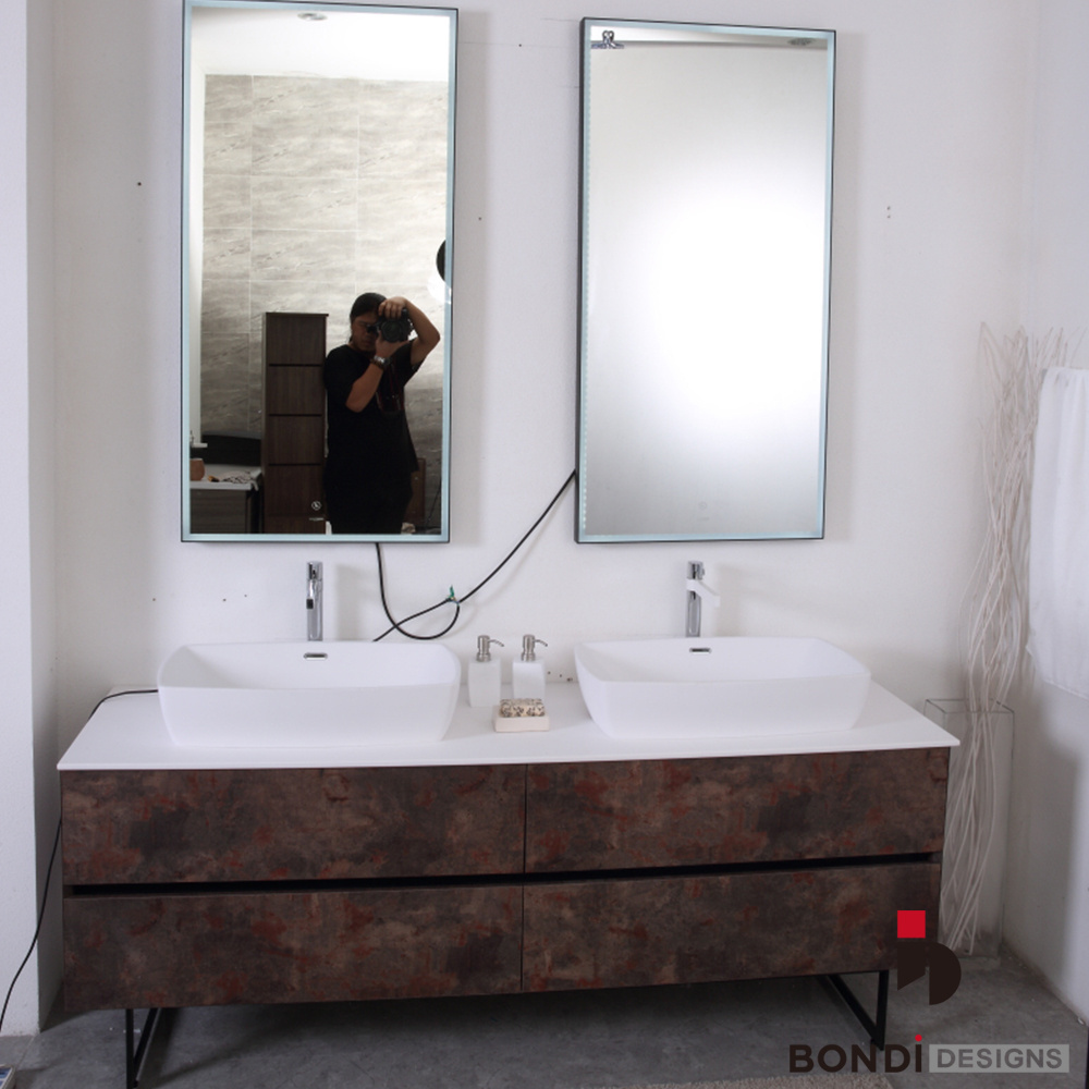 Luxury Curved Spanish Floating LED Mirror Bathroom Vanity Furniture With Double Sink