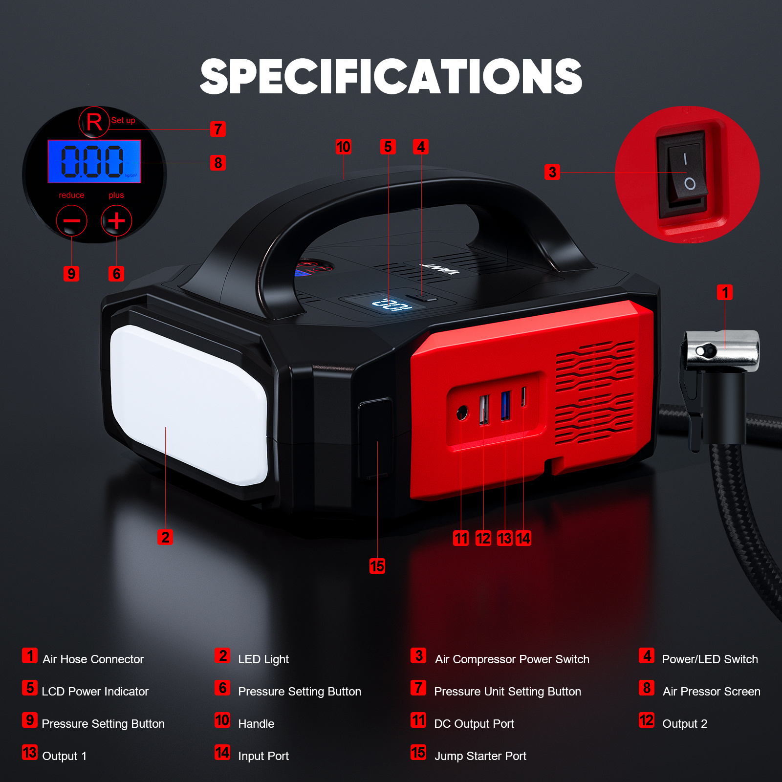 Car Emergency Power Tools Battery Jump Starter And Tire Inflator 3000A 12V Car Battery Jump Starter Pack