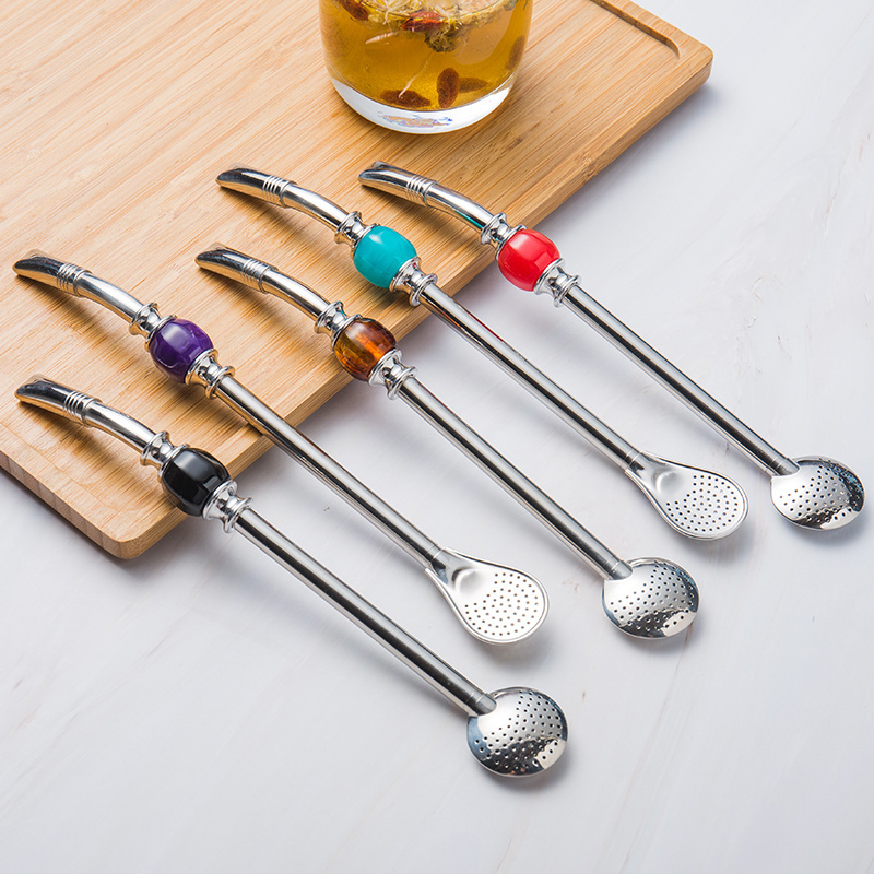 Bombilla Drinking Straws In Bulk Colorful Reusable Yerba Mate Stainless Steel Straw Metal With Filter Spoon