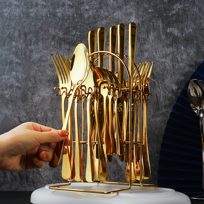 Reusable Modern Gold Cutlery Tableware Holder Stainless Steel Cutlery Set 24pcs With Rack