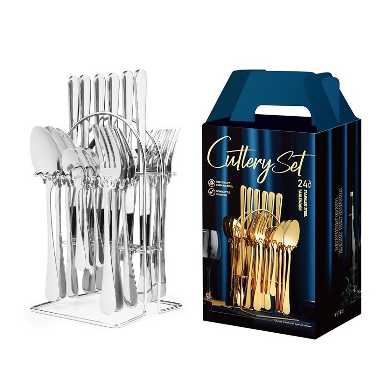 Silver Silverware Cutlery Set 24 Piece With Stand Tableware Stainless Steel Flatware Dinnerware Sets