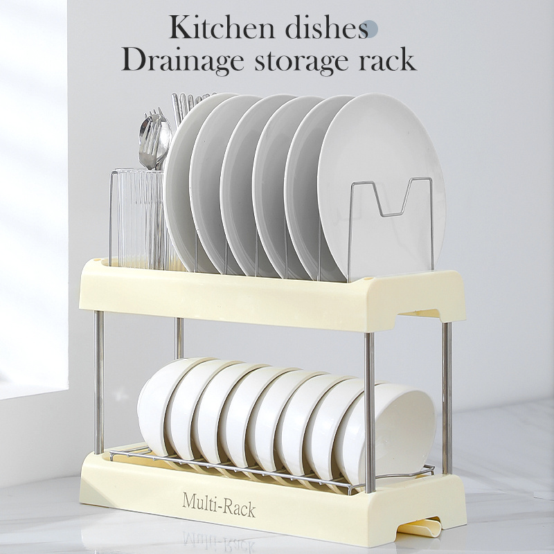 Double-deck Dish Drying Rack Multi Functional Stainless Steel And Plastic Bowl Dish Rack Kitchen Utensil