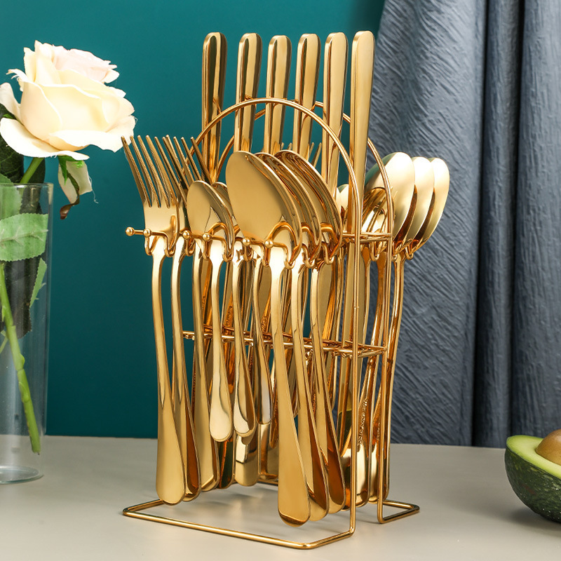 Reusable Modern Gold Cutlery Tableware Holder Stainless Steel Cutlery Set 24pcs With Rack