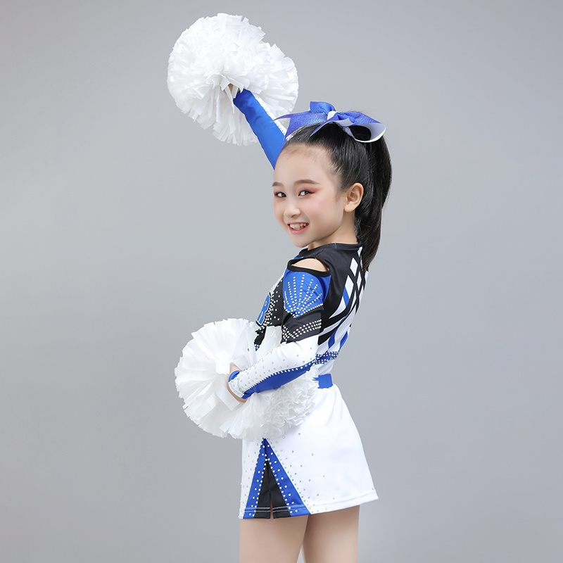 Wholesale Cheer Outfits OEM Sublimation Blue Long Sleeve Cheerleading Uniforms with Mesh