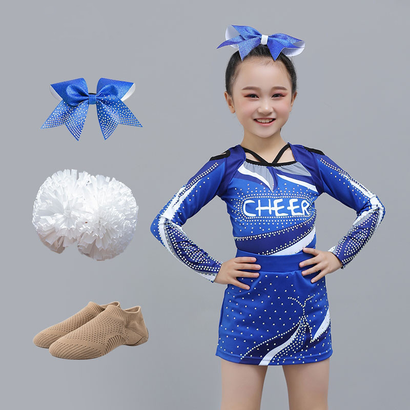 Wholesale Cheer Outfits OEM Sublimation Blue Long Sleeve Cheerleading Uniforms with Mesh