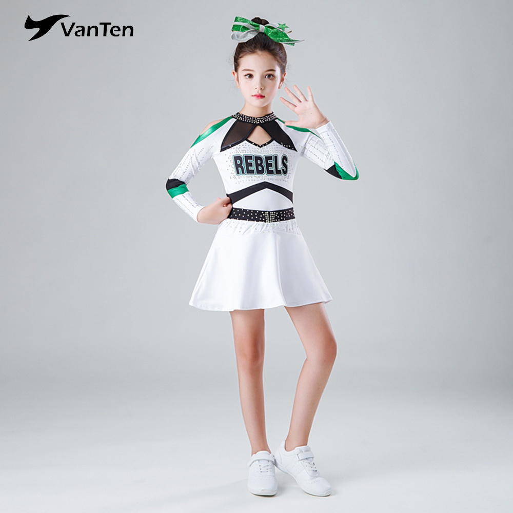 Hot sale Youth Cheer Outfit Green Color Long Sleeve Cheerleader Costume Cheerleading uniform