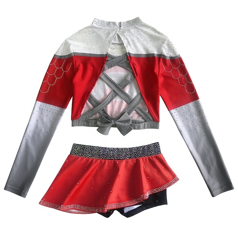 OEM wholesale flare skirt cheer rhinestone custom youth cheerleader dress Red black cheer costume uniforms