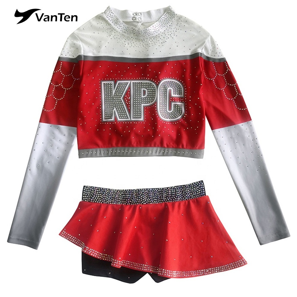 OEM wholesale flare skirt cheer rhinestone custom youth cheerleader dress Red black cheer costume uniforms