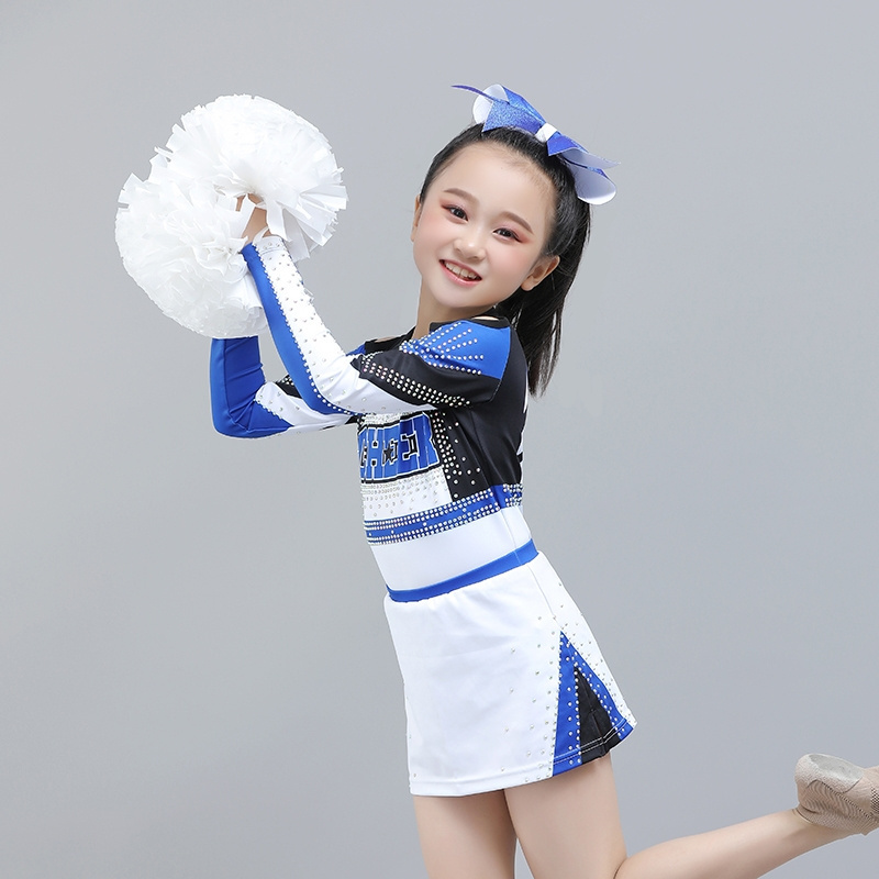 Wholesale Cheer Outfits OEM Sublimation Blue Long Sleeve Cheerleading Uniforms with Mesh