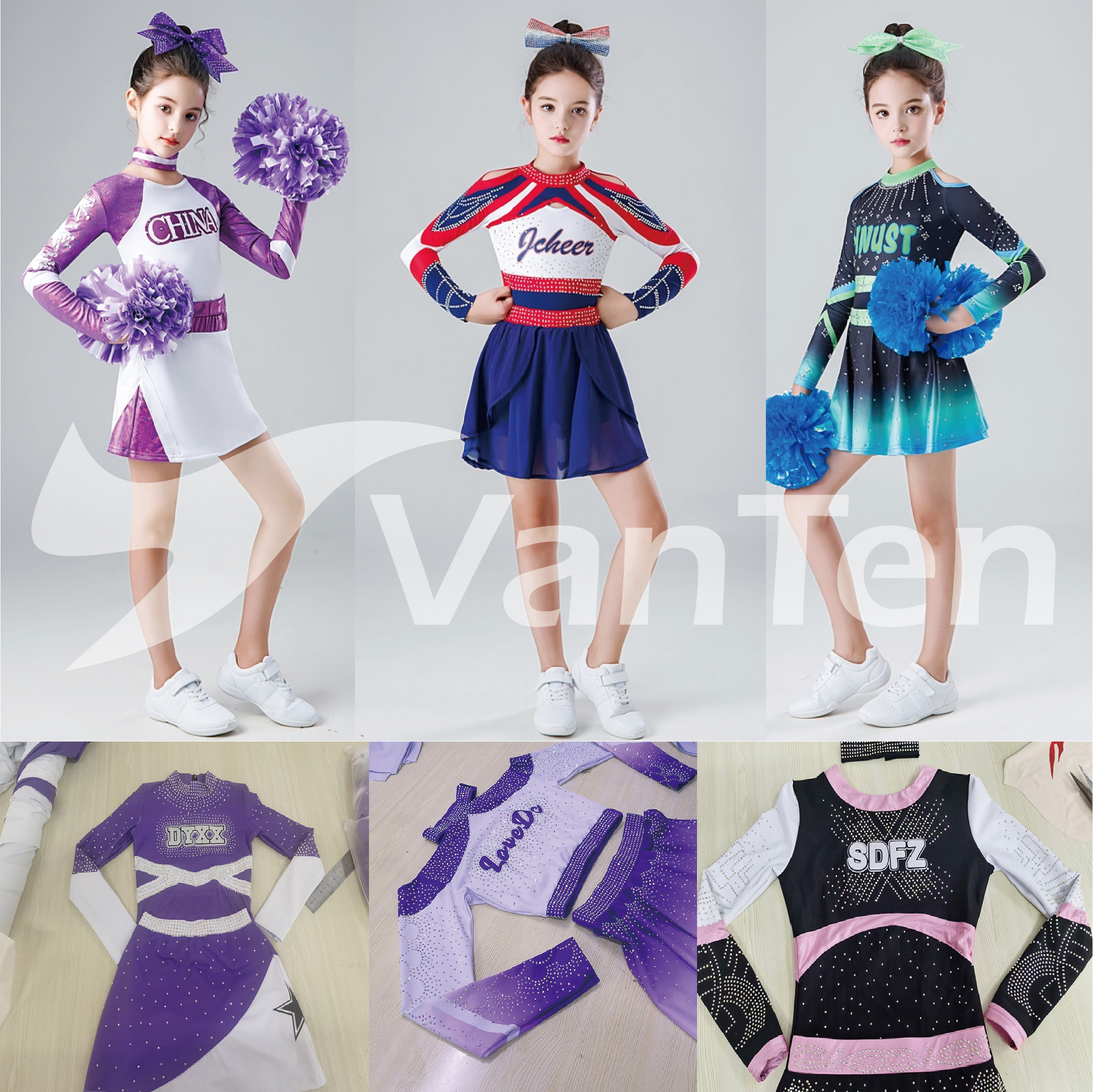 Hot sale Youth Cheer Outfit Green Color Long Sleeve Cheerleader Costume Cheerleading uniform