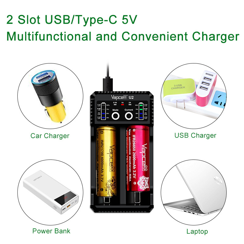 Universel vapcell U2 USB Charger 2 slot bay charging for 18650 21700 li ion pcb and button top battery