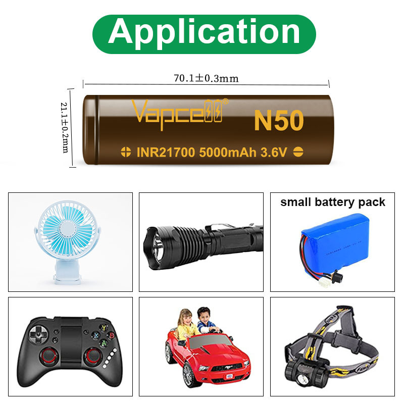 high capacity Vapecell N50 21700 5000mah 15A Rechargeable Li-ion Battery for flashlight battery pack