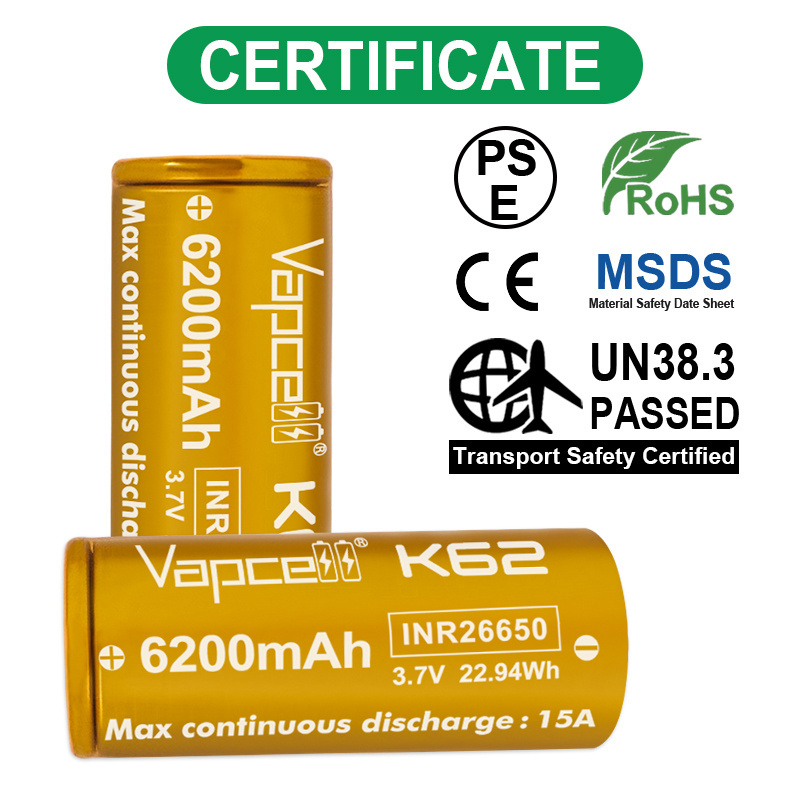 Vapcell k62 26650 6200mah 15A 3.7v 22.94Wh li lon high capacity for flashlight rechargeable batteries