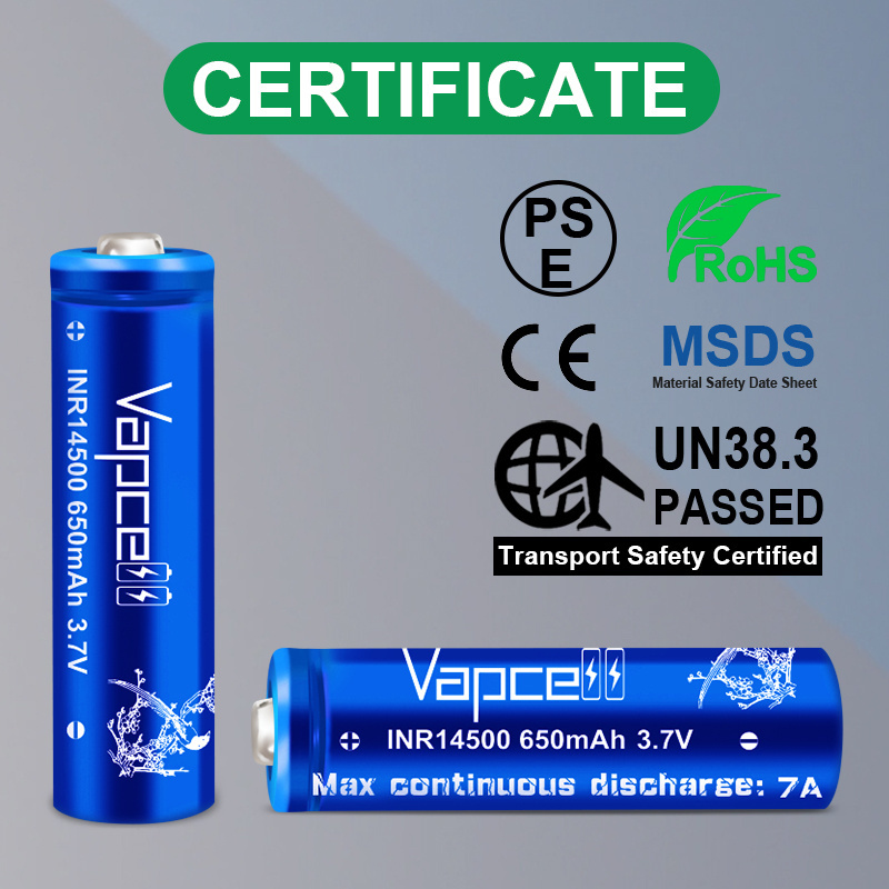 Factory Price Vapcell INR14500 650mah 7A button top 3.6v Rechargeable 14500 li ion battery Battery for flashlight