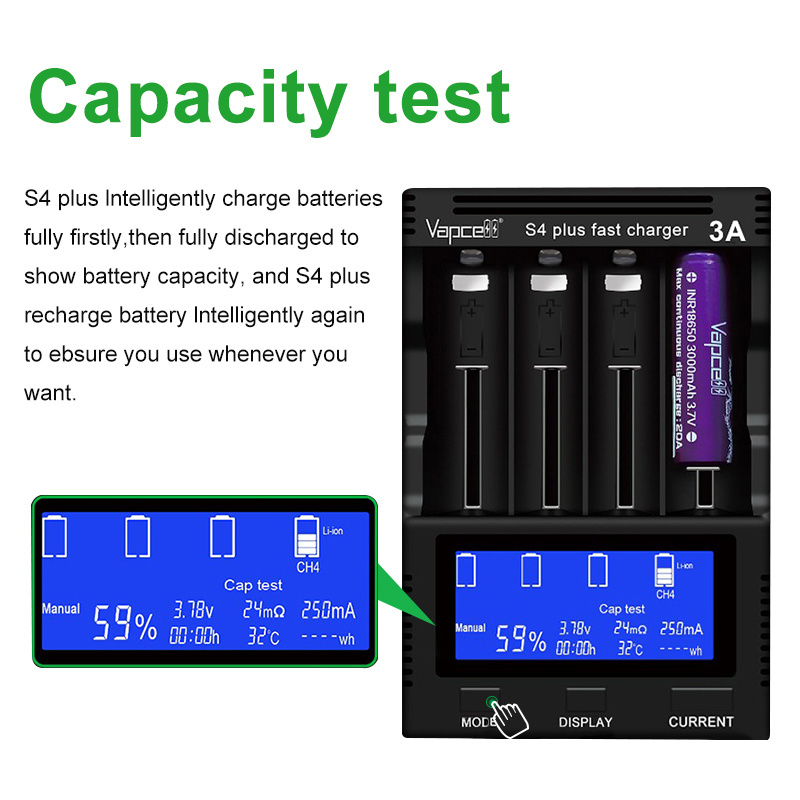 Powerful  vapcell S4 plus fast Charger Fast Smart Battery Charger 3A/slot 12A in total with storage car battery